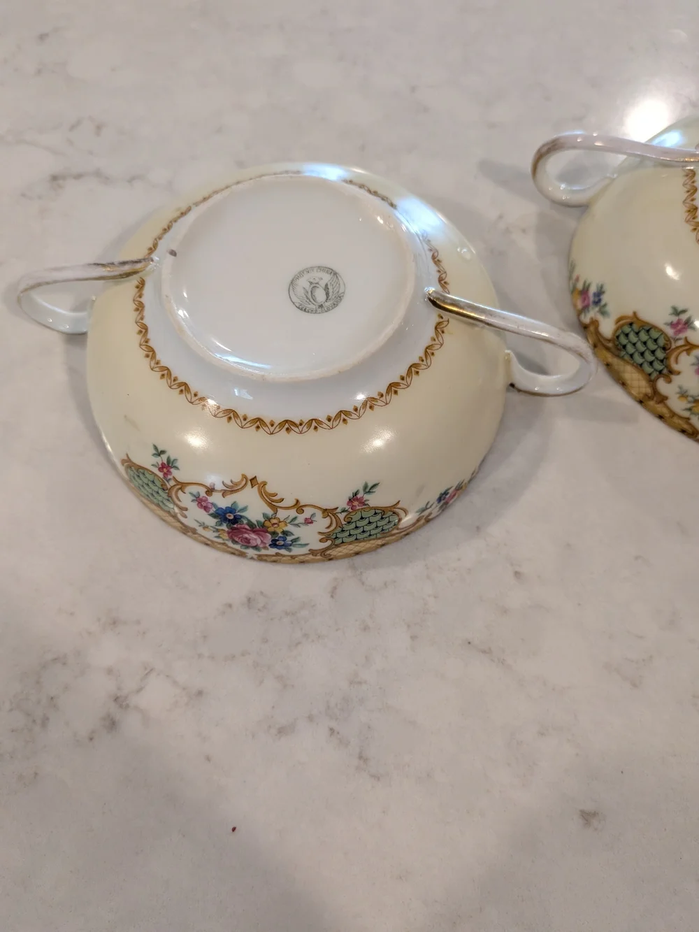 Vintage Early To Mid 20th Japanese Double Handed Porcelain Soup Bowls Set Of 2.